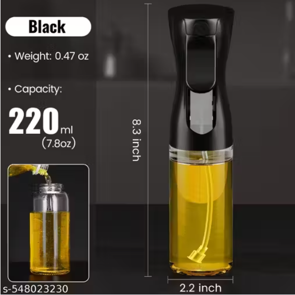 Glass Oil Dispenser Spray Bottle, Refillable Food Grade Oil Vinegar 220 ml Spray Bottle (Pack of 1, Clear, Glass)