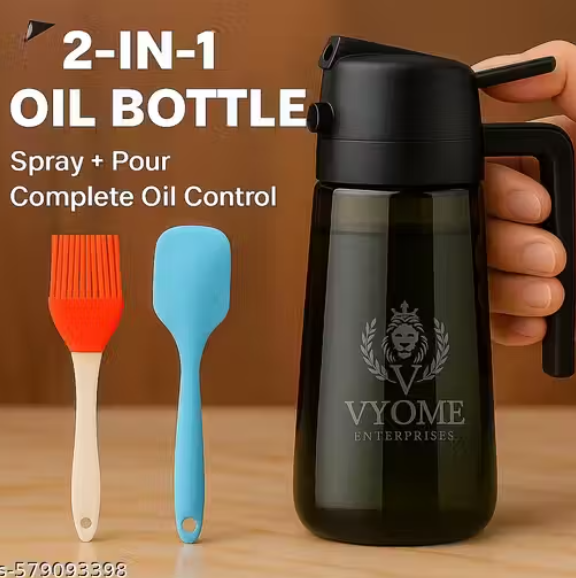 Vyome 2-in-1 Premium Oil Bottle Combo – Spray + Pour Oil Dispenser (Multicolor) with Silicone Brush & Spatula | Healthy Cooking Control Set