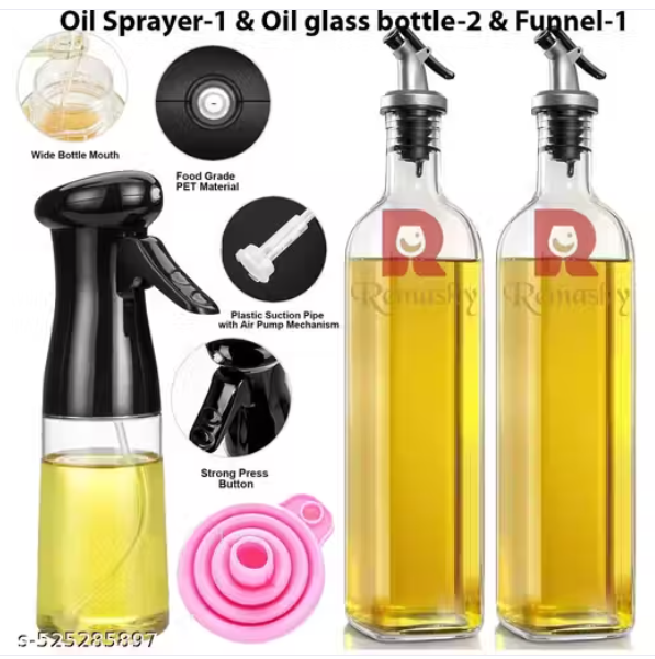 Remasky 210ml Glass Olive Oil Sprayer-1 Mister, Oil Sprayer for Cooking Bottle, Olive Oil Bottle-2, Kitchen Gadgets Accessories for Fryer,Canola Oil Spritzer (Multicolor) || Funnel-1 (Multicolor)