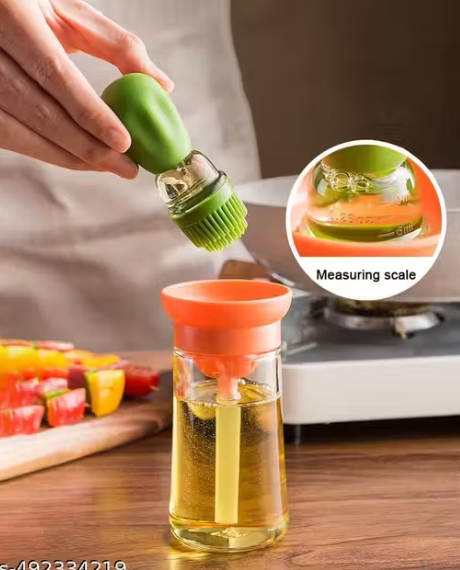 1 pcs Olive Oil Bottle With Siliconee Brush For Cooking, Oil Measuring Container Dispenser And Siliconee Dropper Vinegar Turkey BBQ Pancake Grill Frying Baking Kitchenaid Pastry Brush(180ml)